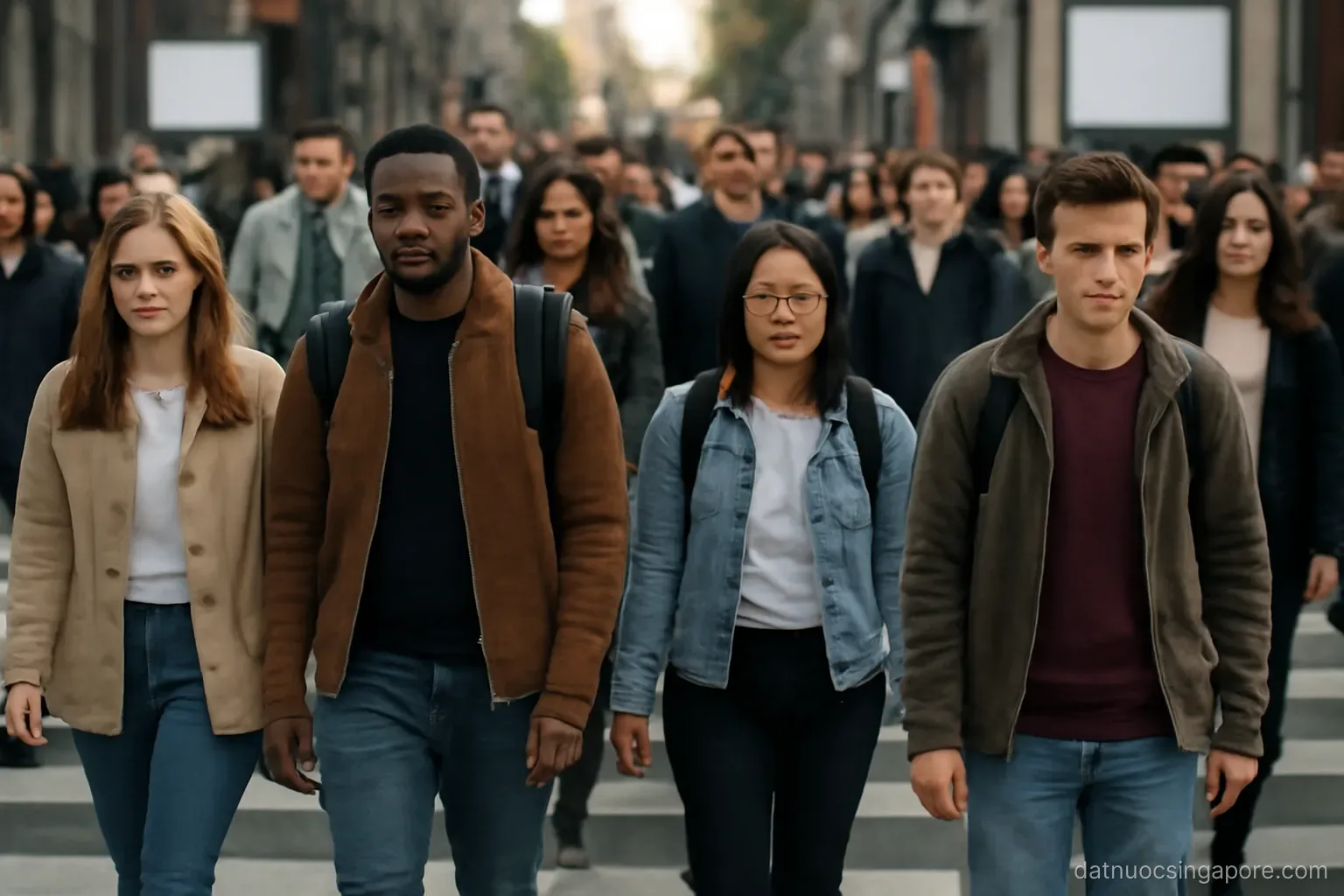 a crowded pedestrian crossing with people of varied appearance walking, street level view