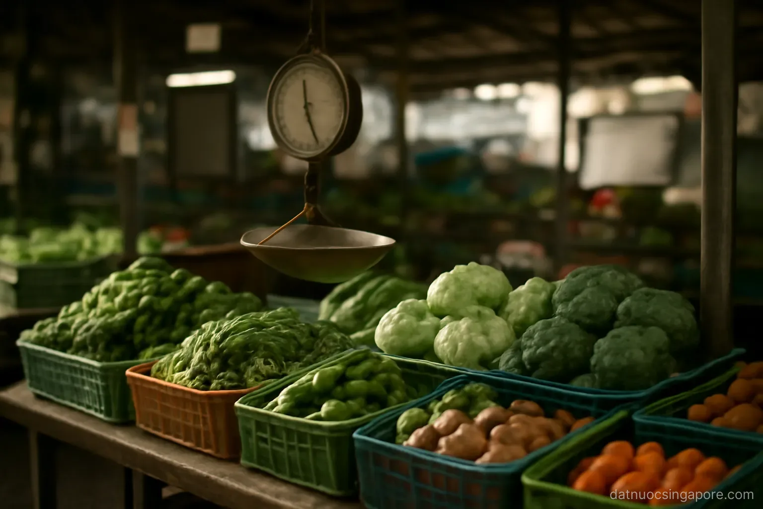 a wet market stall with vegetables in plastic crates and a hanging scale, early morning