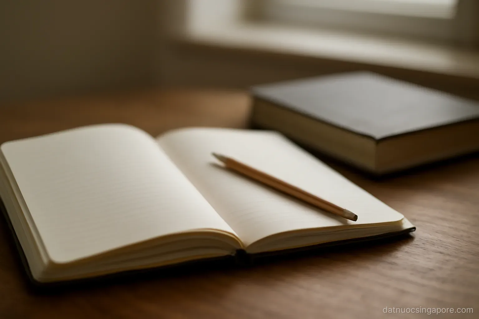 an open notebook and a pencil on a desk beside a closed textbook, soft window light