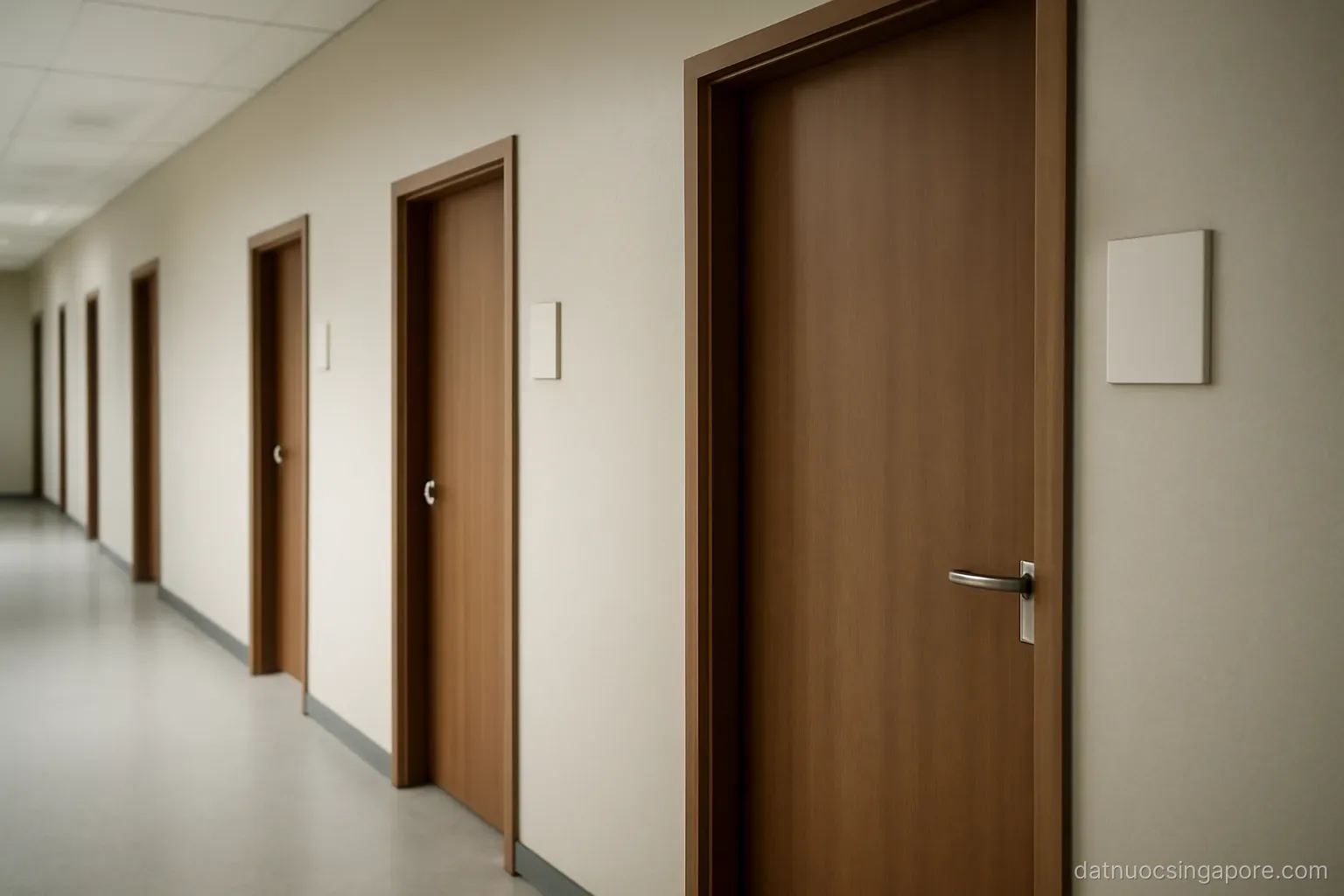 several closed doors along a plain corridor with numbered plates, neutral lighting