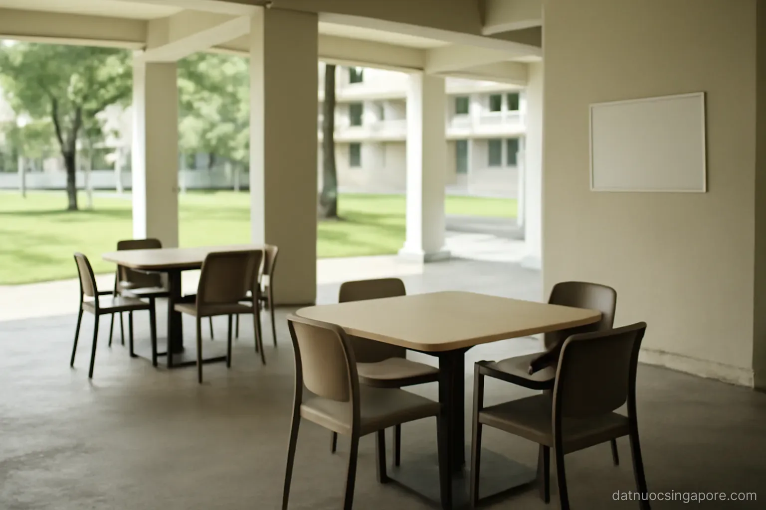 a neighbourhood void deck with communal tables and chairs under an apartment block, daylight