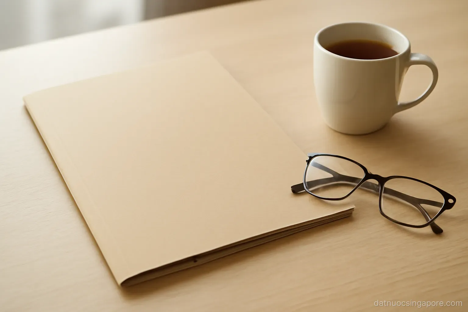 an insurance policy folder on a table beside reading glasses and a cup of tea
