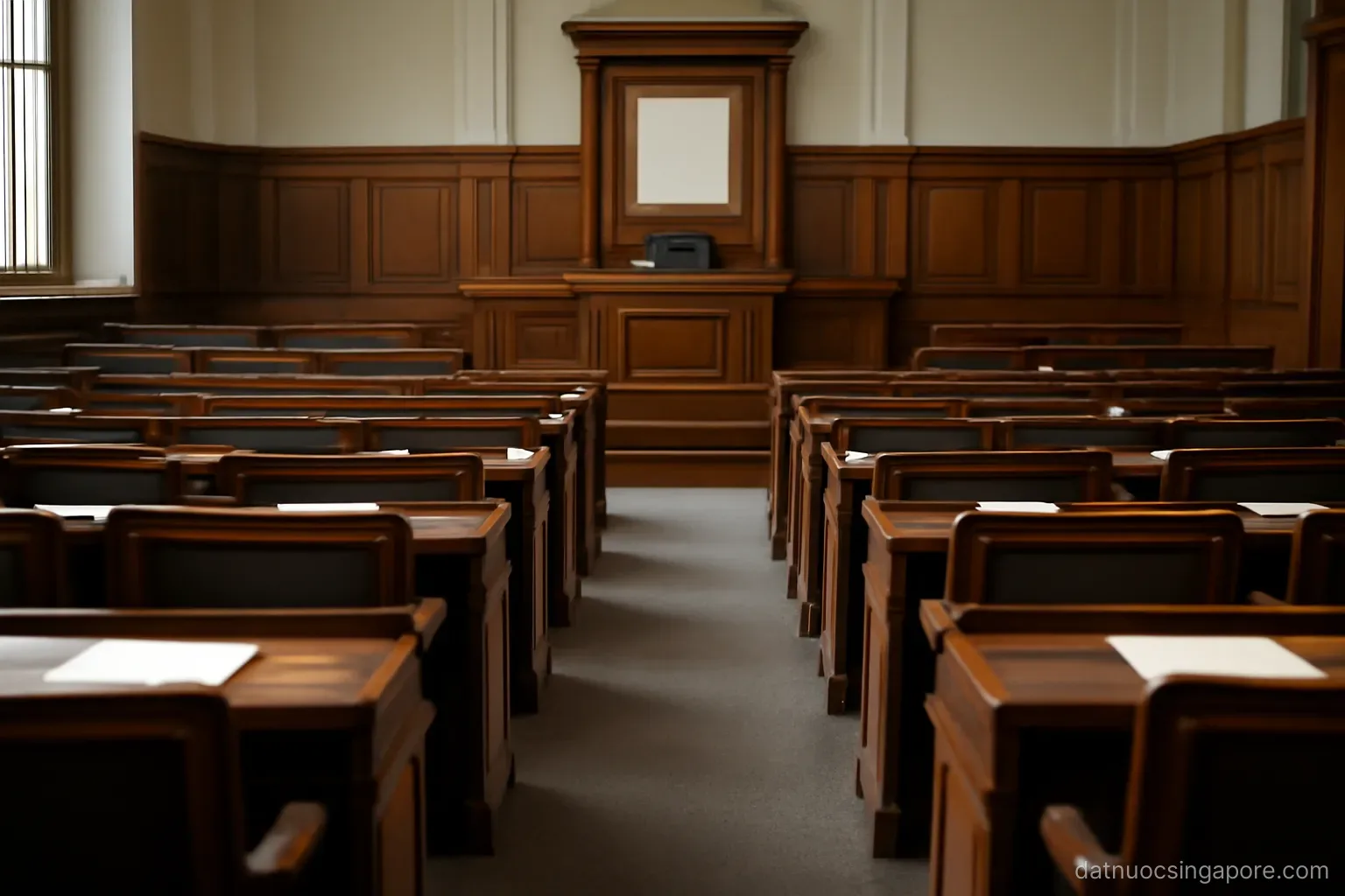 an empty formal assembly chamber with rows of wooden benches and a raised speaker seat