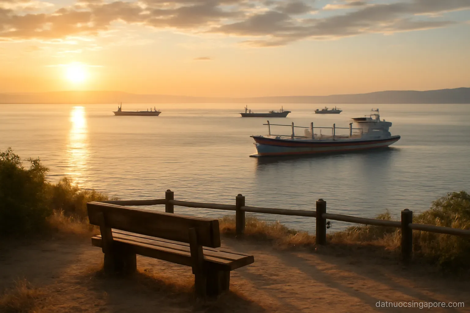 cargo ships anchored offshore in a busy strait at sunrise, seen from a coastal viewpoint