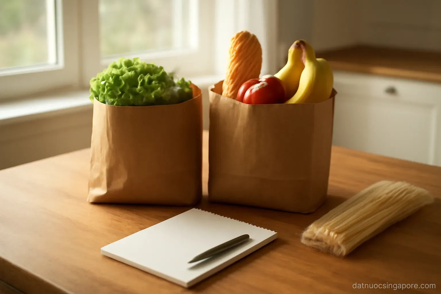 a kitchen table with grocery bags, a notepad and a pen, morning light from a window