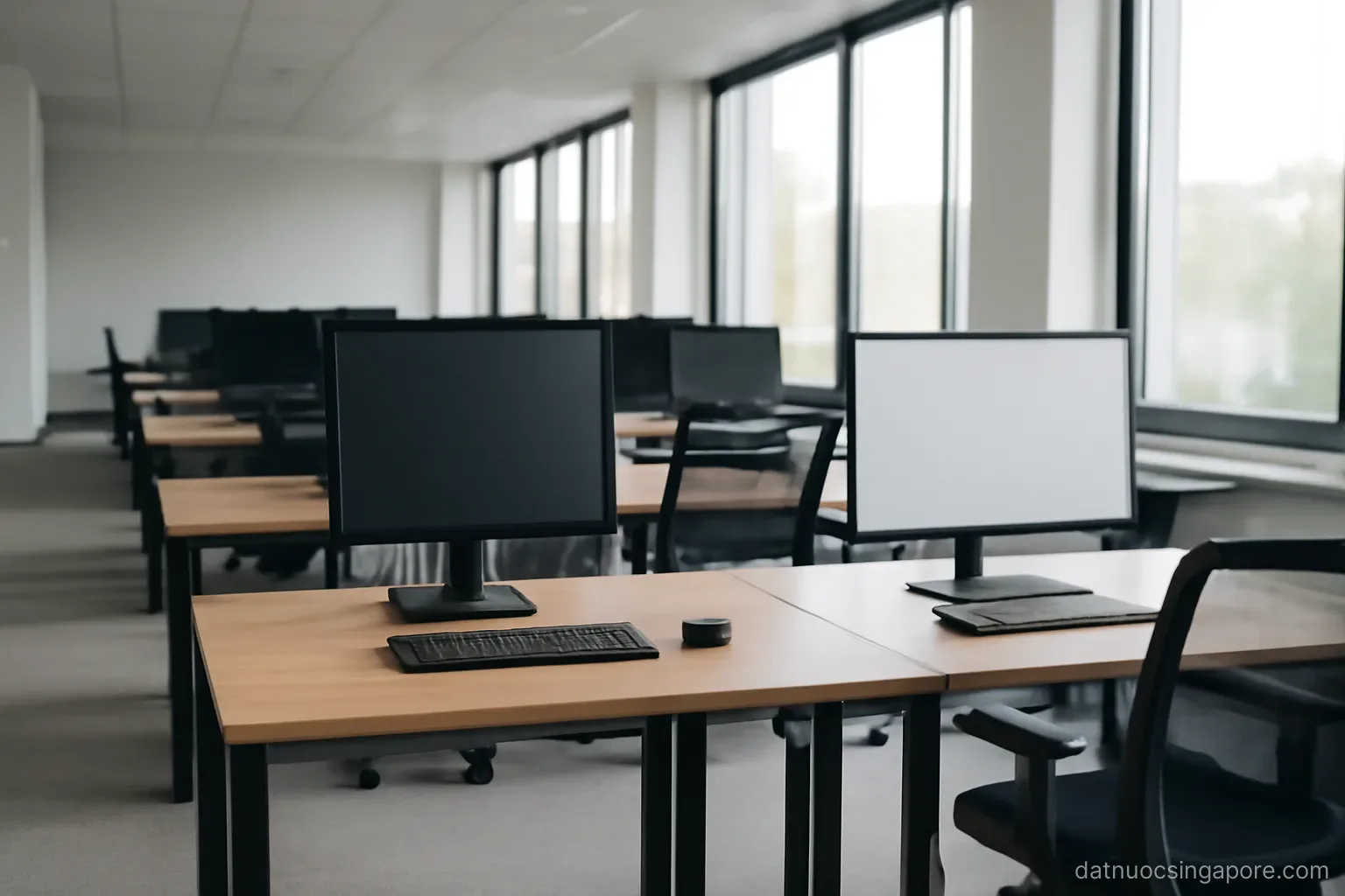 an open-plan office with empty desks and monitors switched off, large windows, daytime