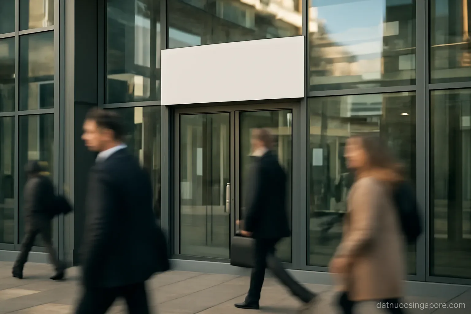 a modern glass office building entrance with a plain signage plate, morning commuters blurred
