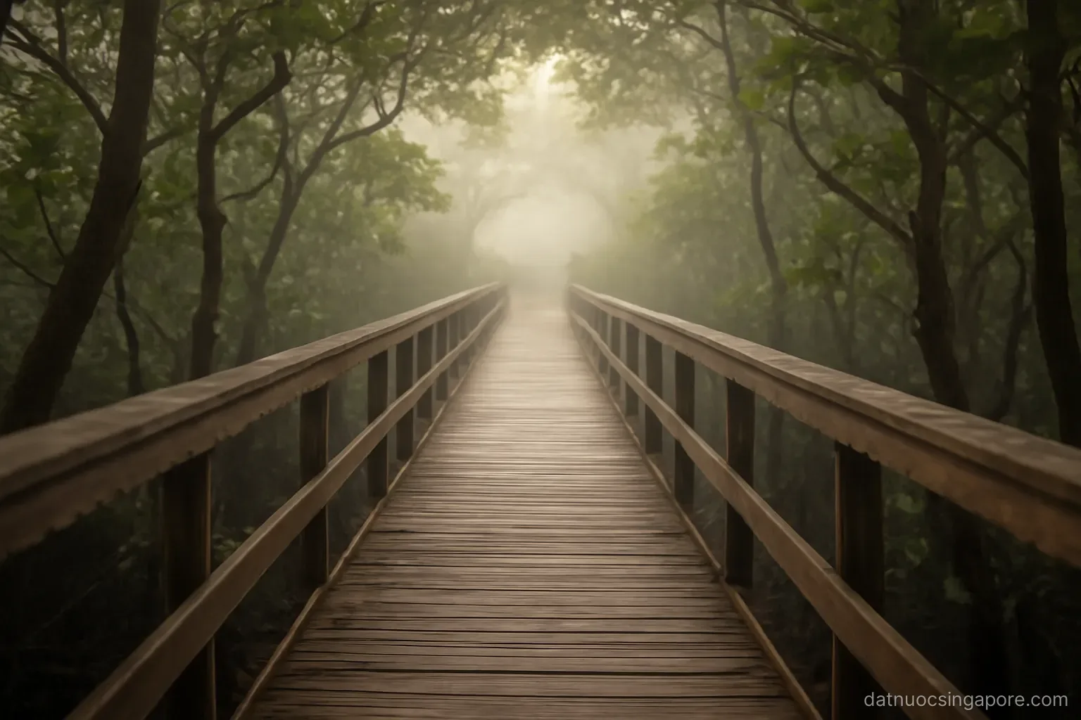 a boardwalk through mangrove trees with a wooden railing, early morning mist