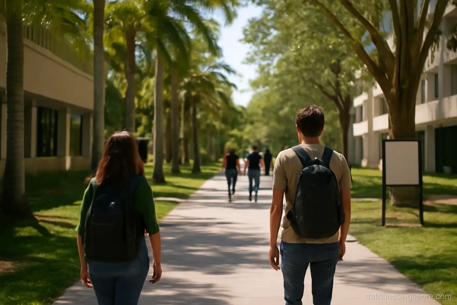 a university campus walkway with tropical trees and modern buildings, students walking at distance