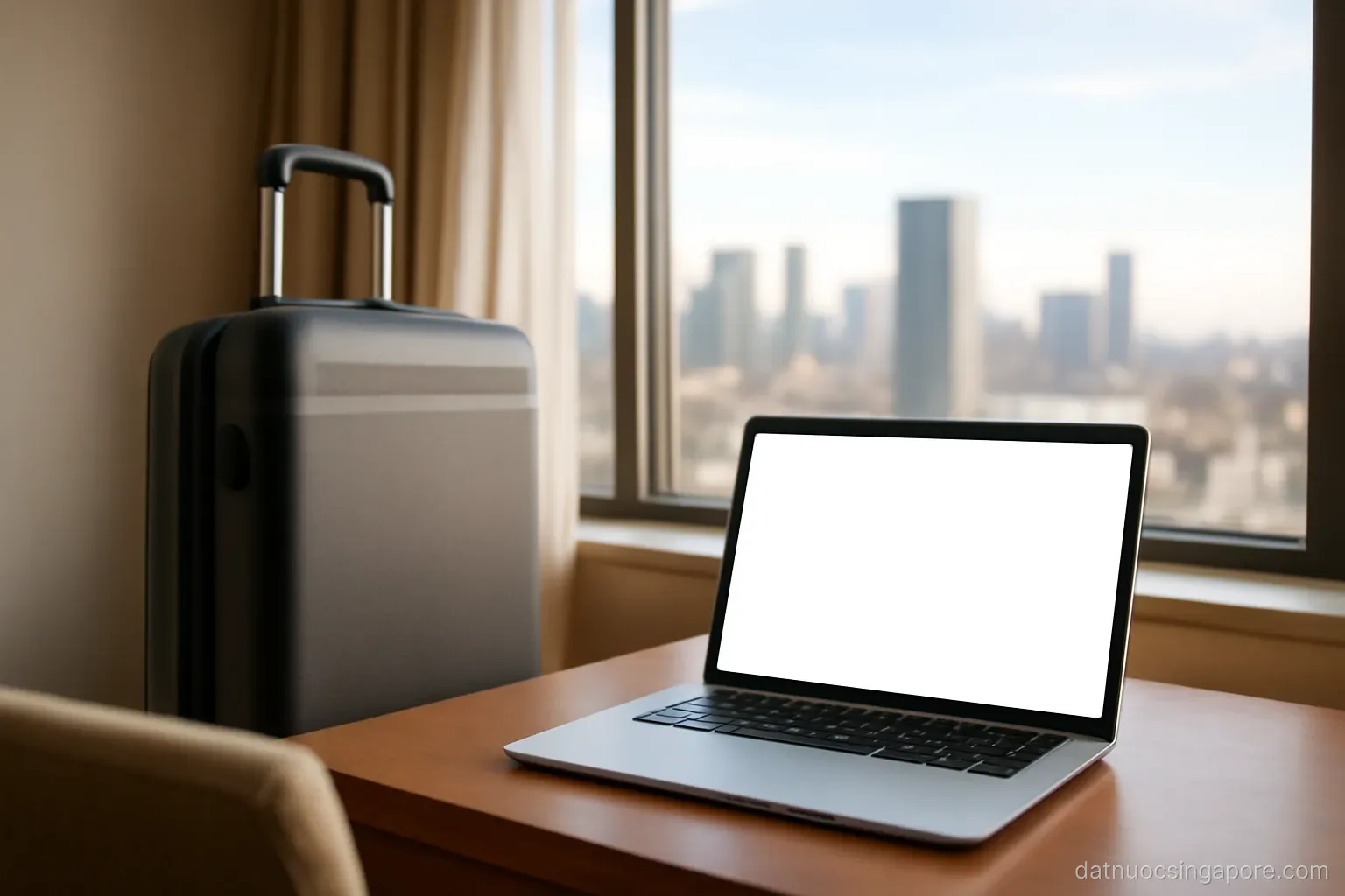 a suitcase beside an open laptop on a hotel room desk, city view through the window