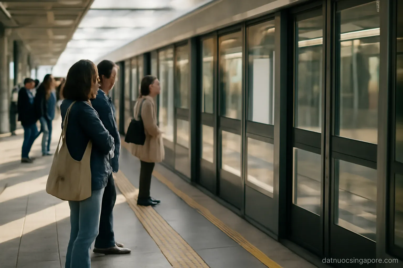 a train platform with safety screen doors and passengers waiting behind the yellow line