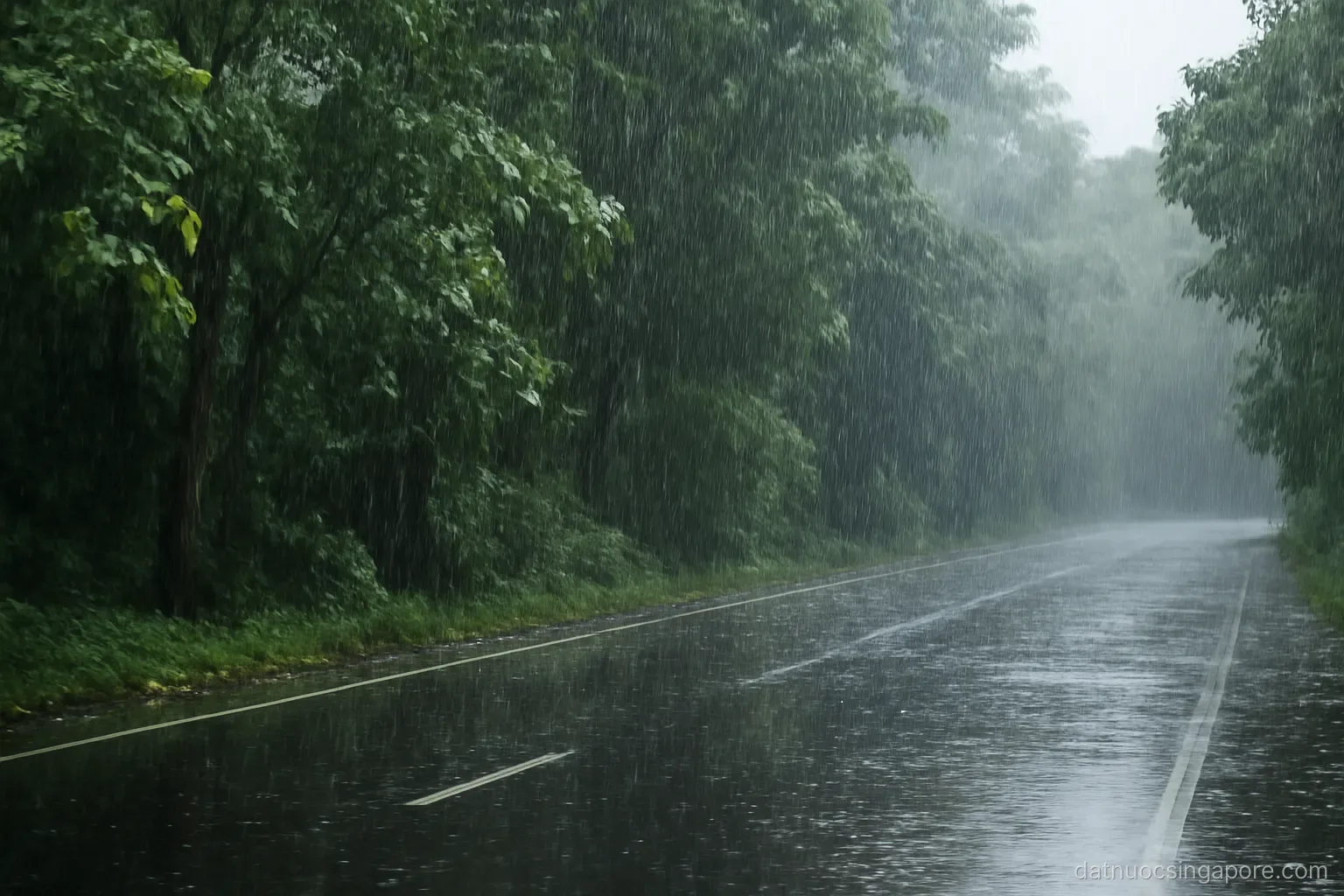 heavy tropical rain falling on lush green roadside trees, wet asphalt reflecting light