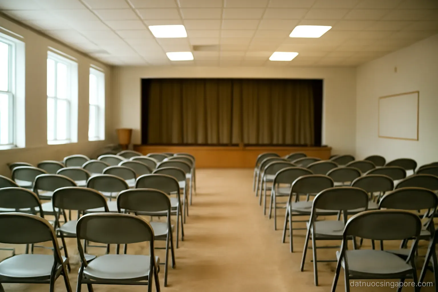 a community hall with folding chairs set up and a bare stage, fluorescent lighting