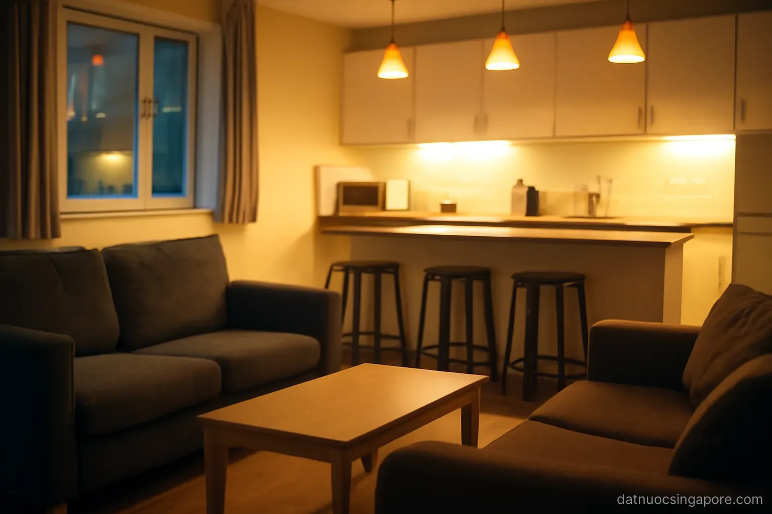 a student dormitory common room with sofas, a shared kitchen counter and evening lights