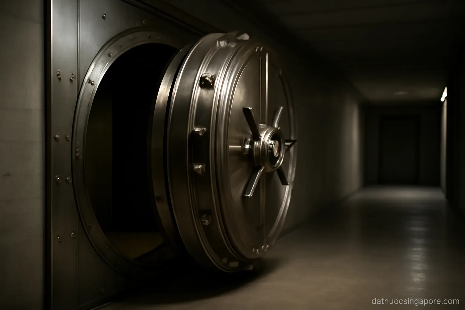a vault door partially open in a dim corridor, polished steel, no signage