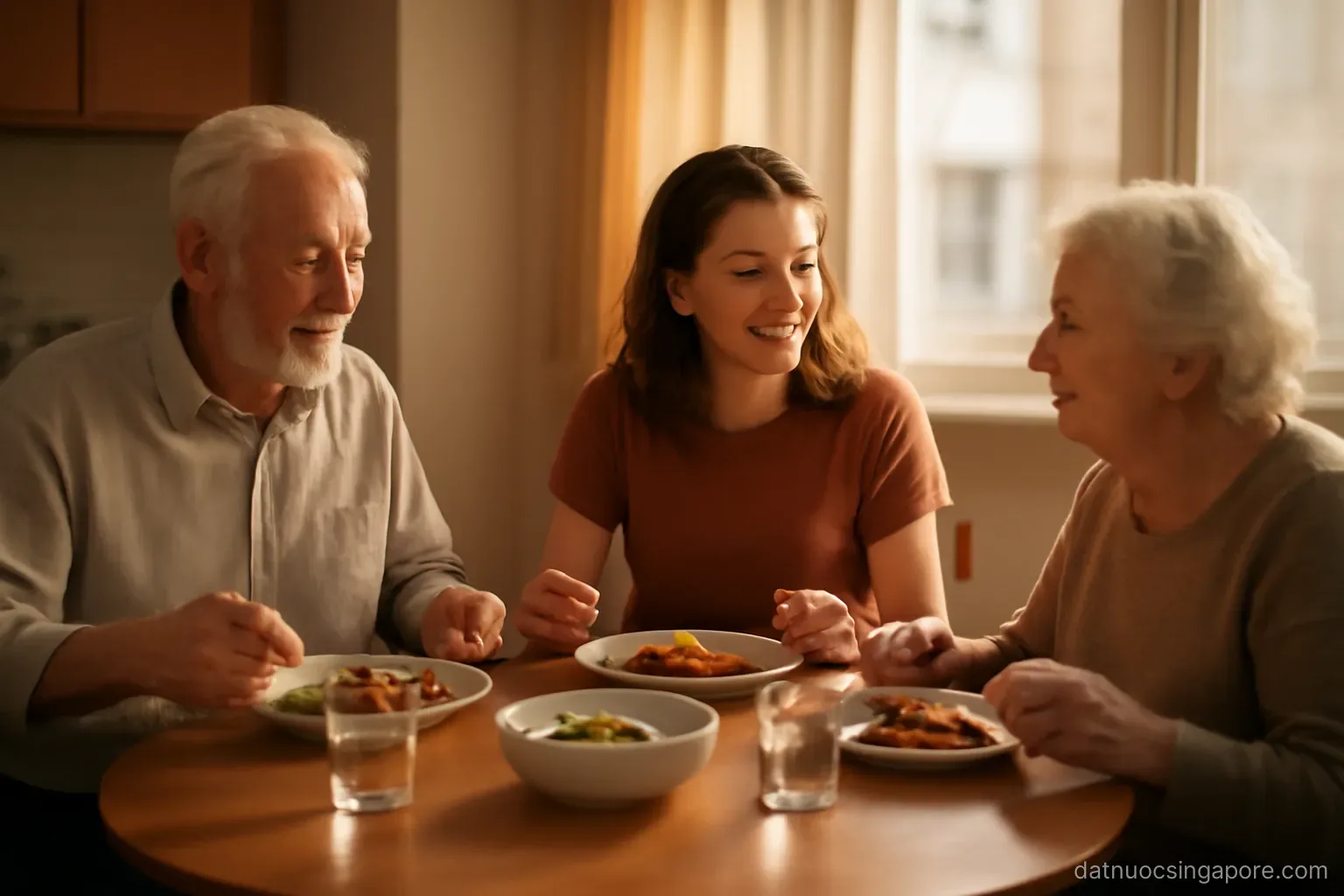 three generations sharing a meal at a round table in a modest apartment, warm evening light
