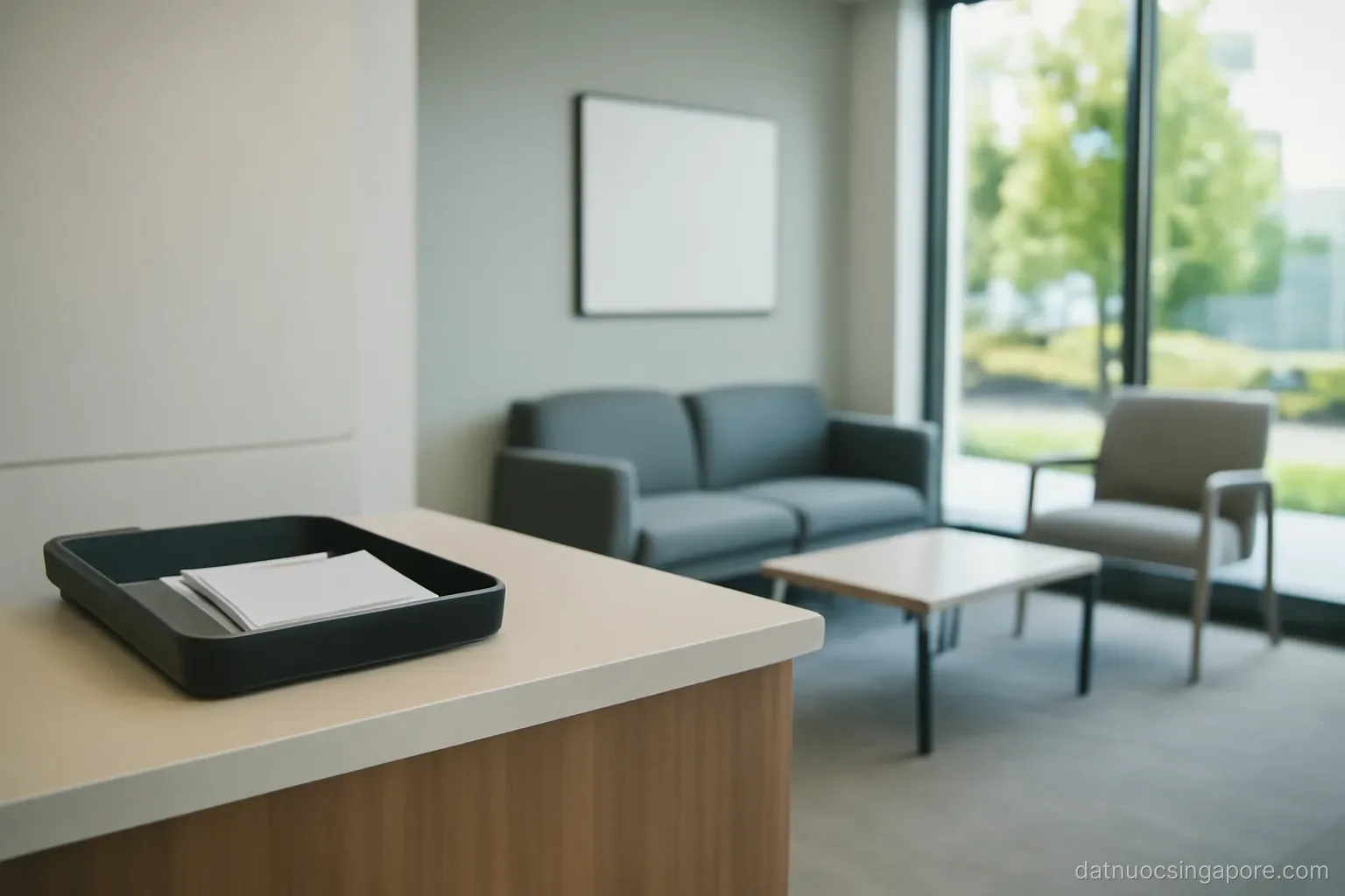 an office lobby reception counter with a visitor badge tray and a seated waiting area