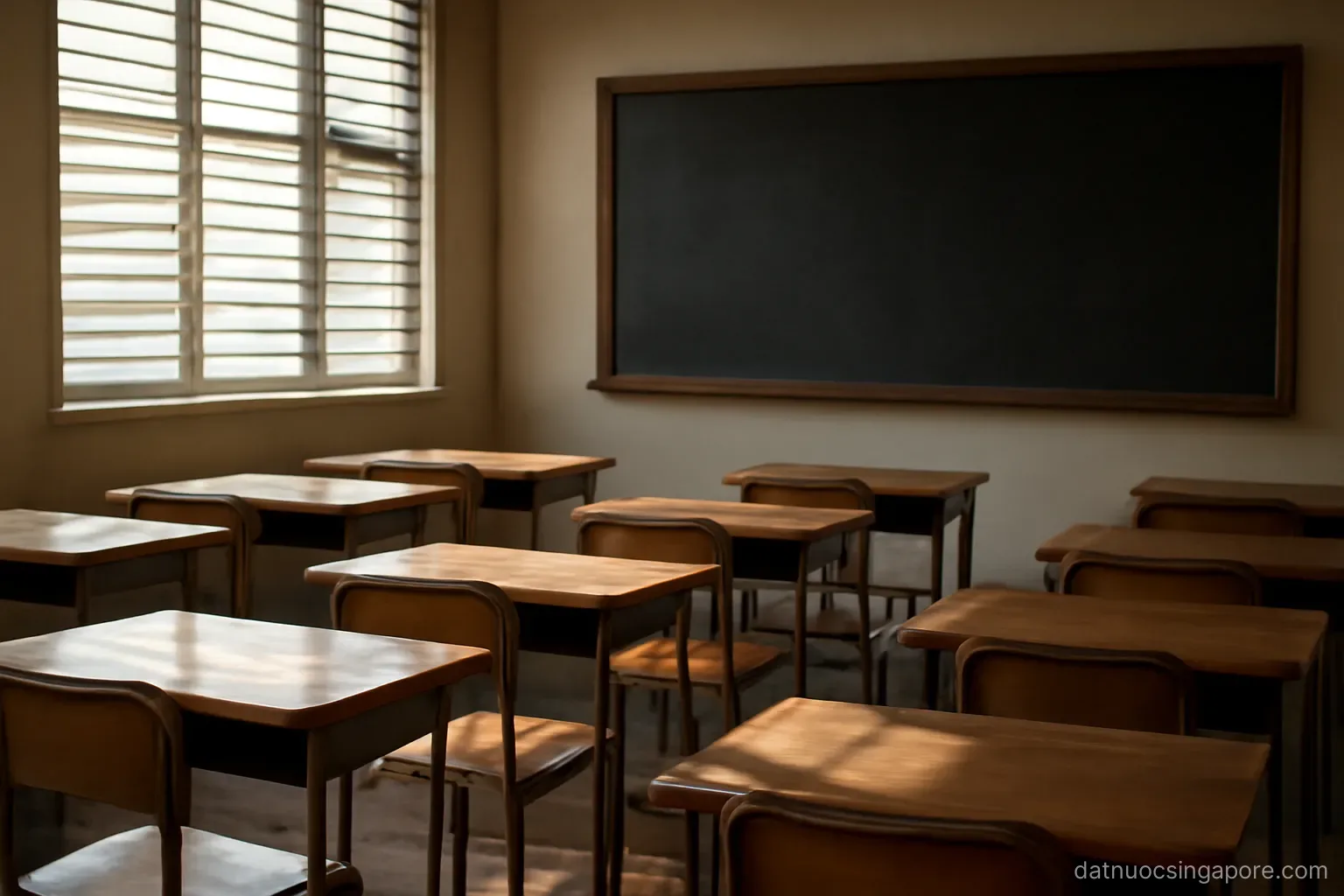 a classroom with empty wooden desks and a blank blackboard, sunlight through louvred windows