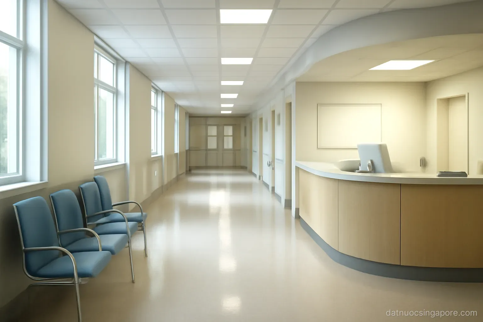 a hospital corridor with a nurses station and waiting chairs, clean bright lighting