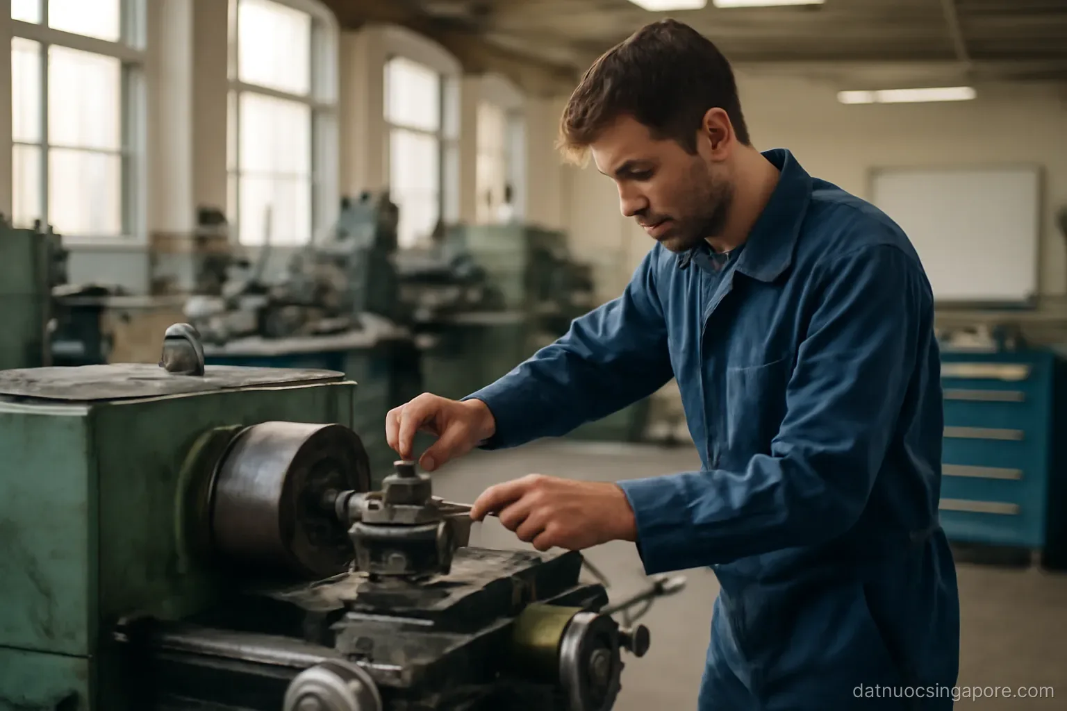 a vocational workshop with lathes and tool cabinets, a trainee adjusting a machine