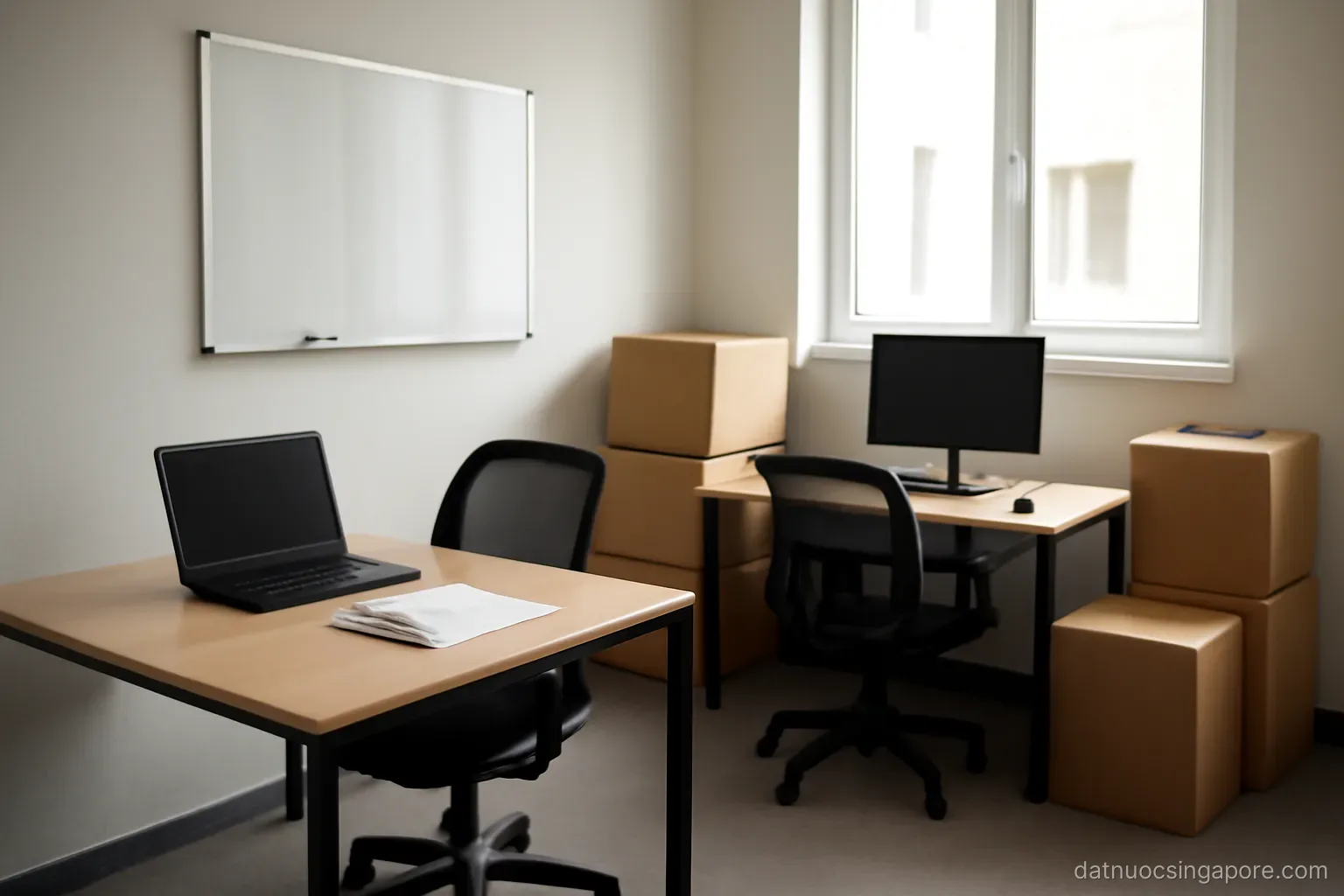 a small startup office with two desks, a whiteboard and cardboard boxes still unpacked