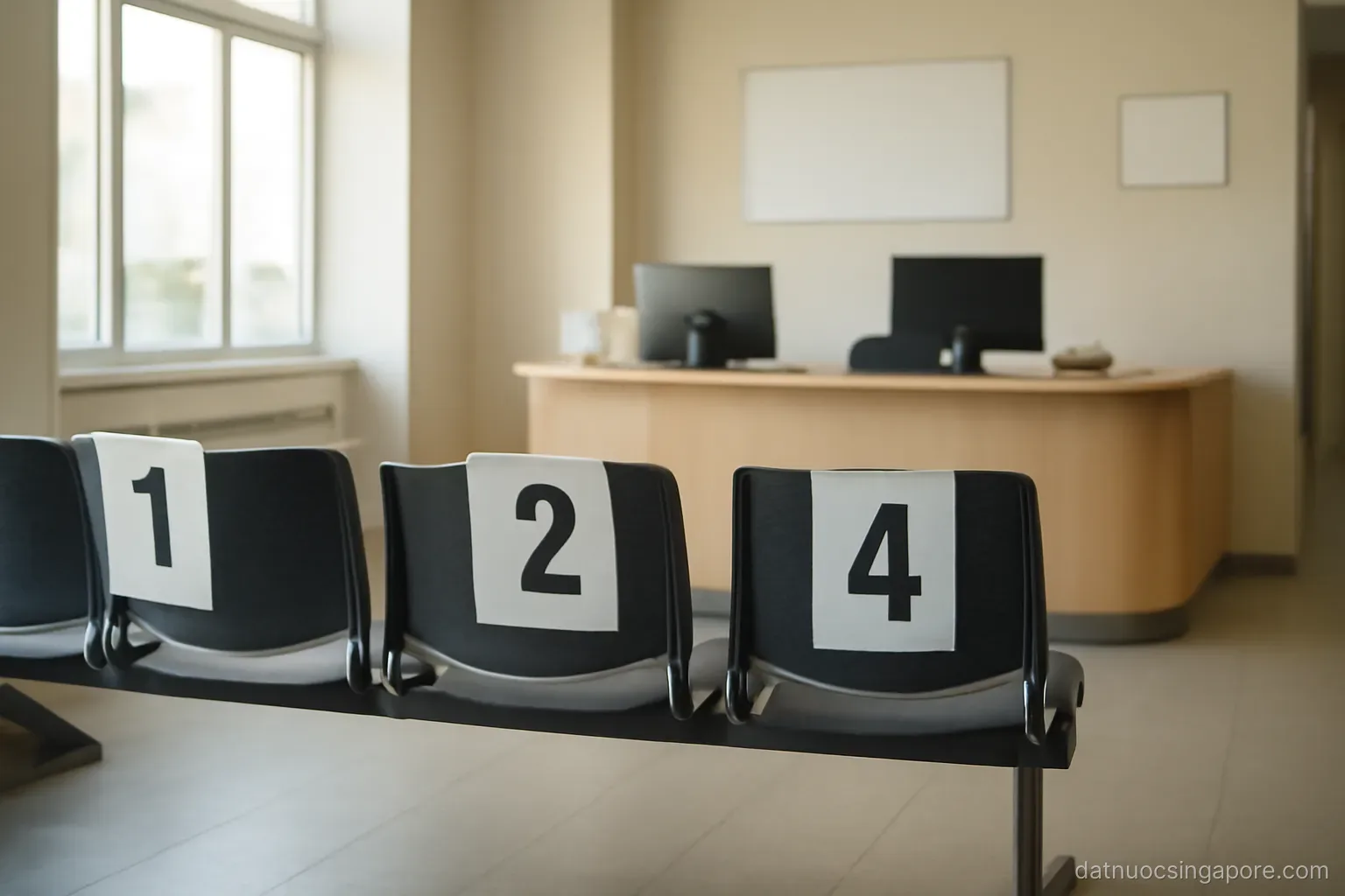 a social service office waiting area with numbered queue seats and a reception desk