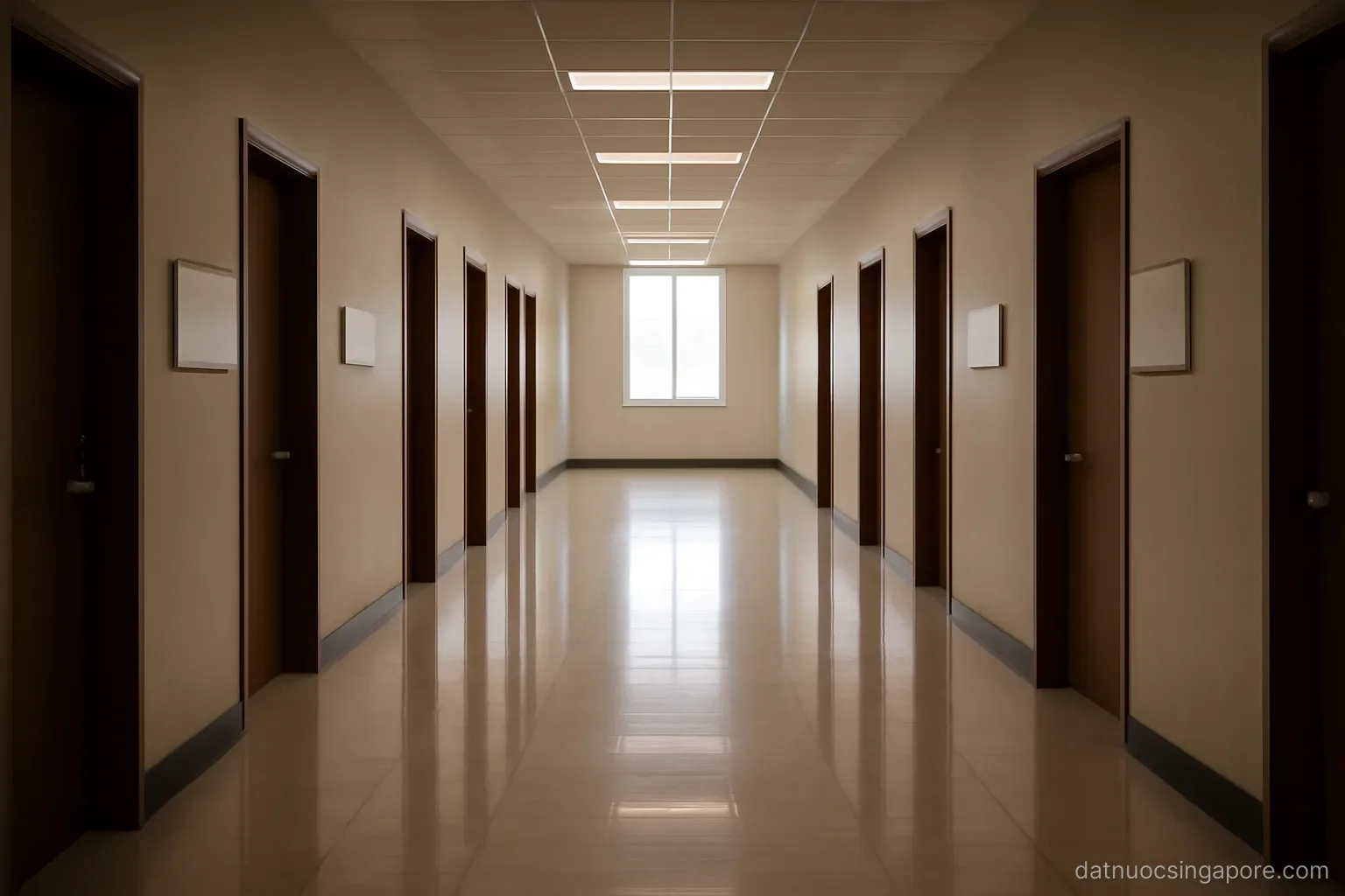 a quiet government office corridor with numbered doors and polished floor, no people