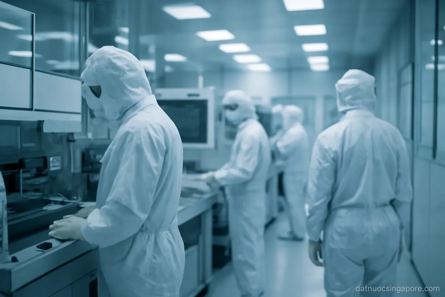 a semiconductor cleanroom with workers in full protective suits beside machinery, cool lighting