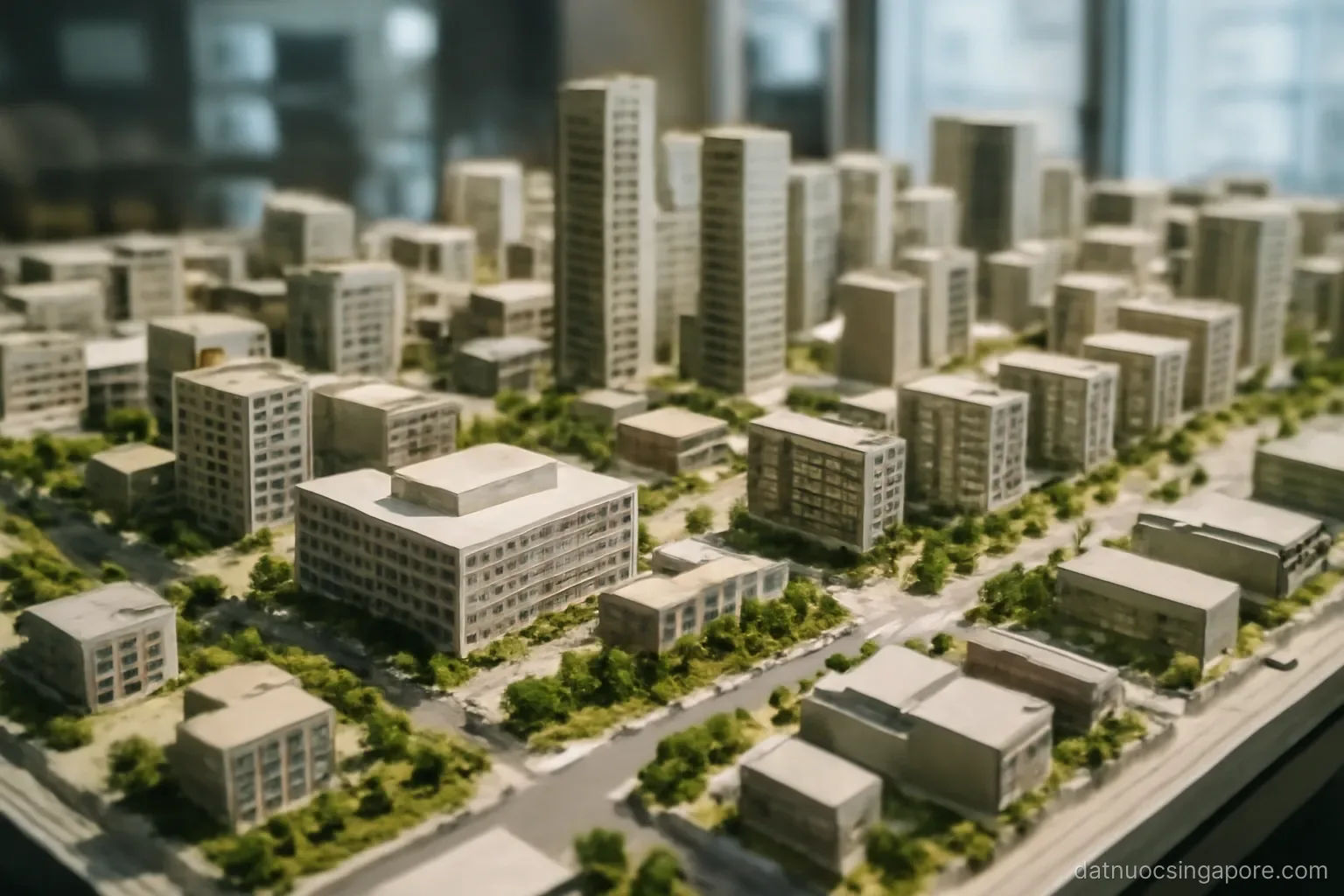 a large architectural scale model of a city district under bright display lighting