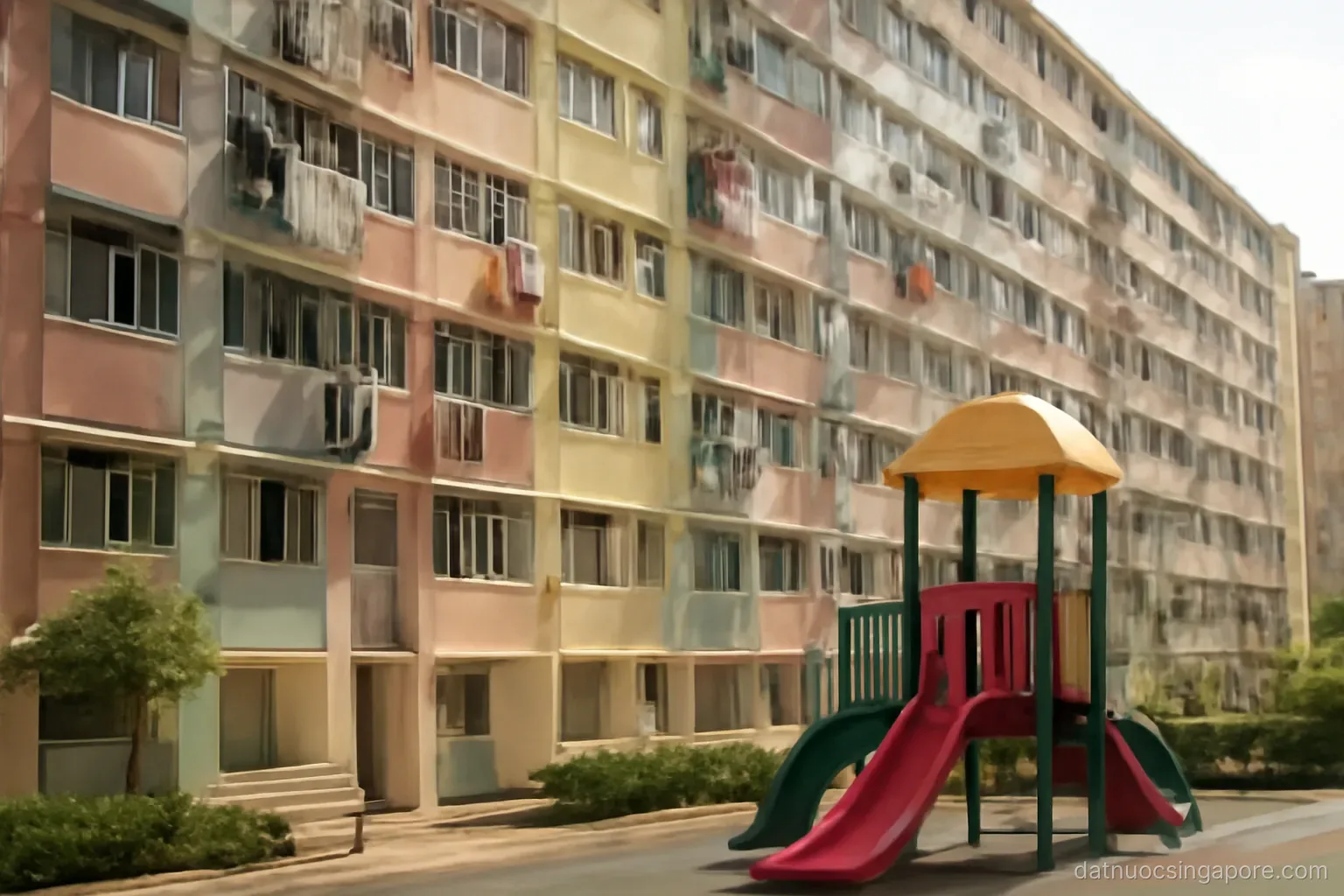 rows of pastel apartment blocks with laundry poles and a playground below, afternoon sun