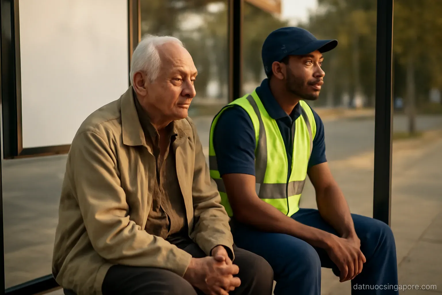 an elderly person and a young worker waiting at a bus stop, side by side, late afternoon