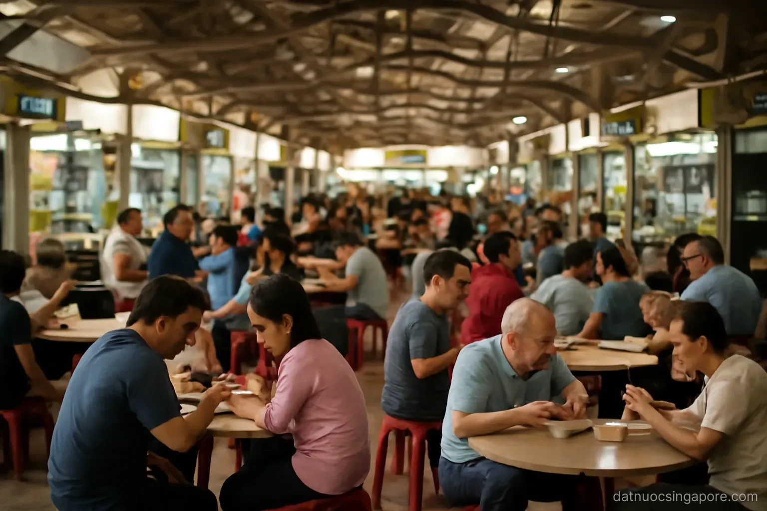 a crowded open-air food centre with many small stalls and ceiling fans, people seated eating