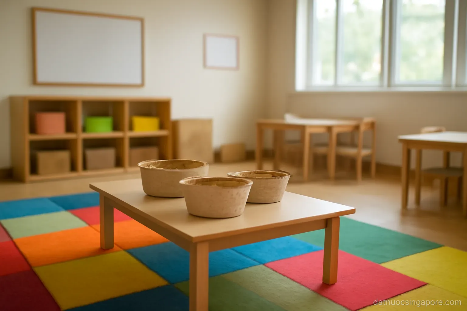 a preschool room with low tables, colourful mats and storage baskets, no children present
