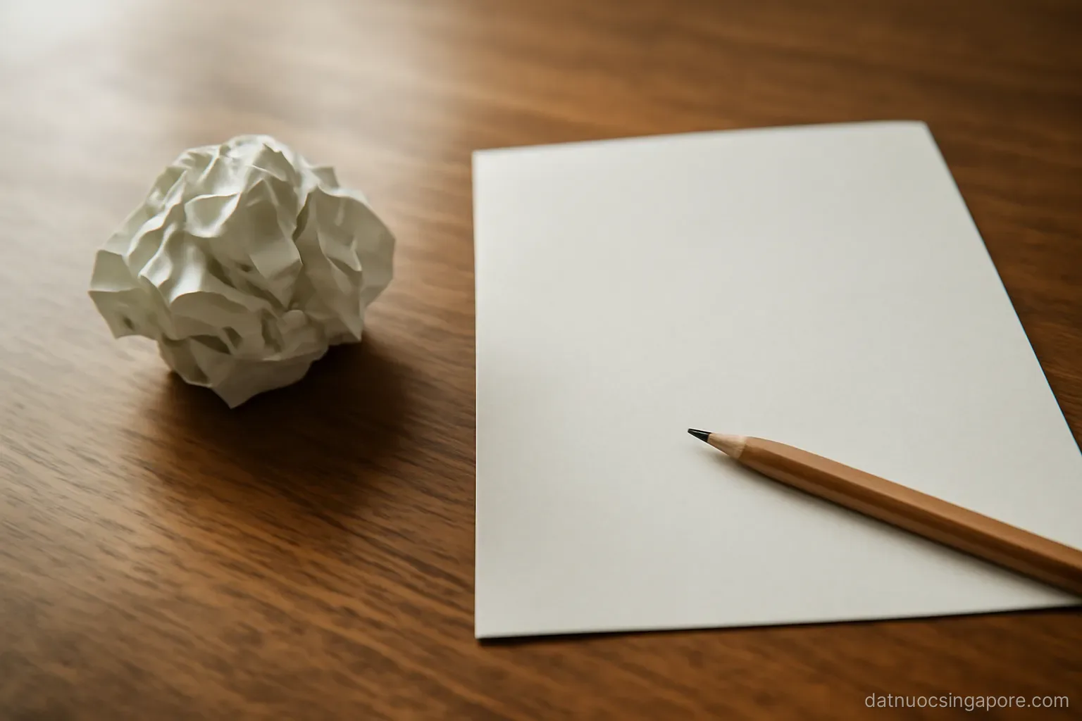 a crumpled paper plan on a desk next to a fresh blank sheet and a pencil
