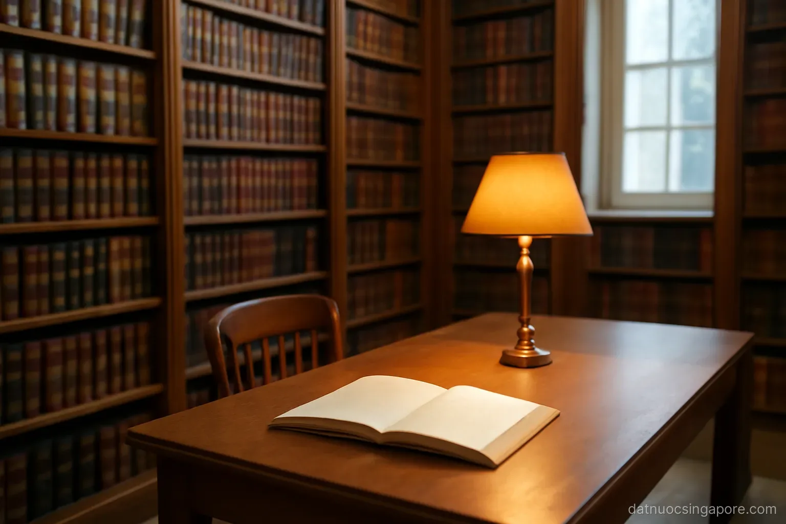 a law library with tall shelves of bound volumes and a reading table, warm lamp light
