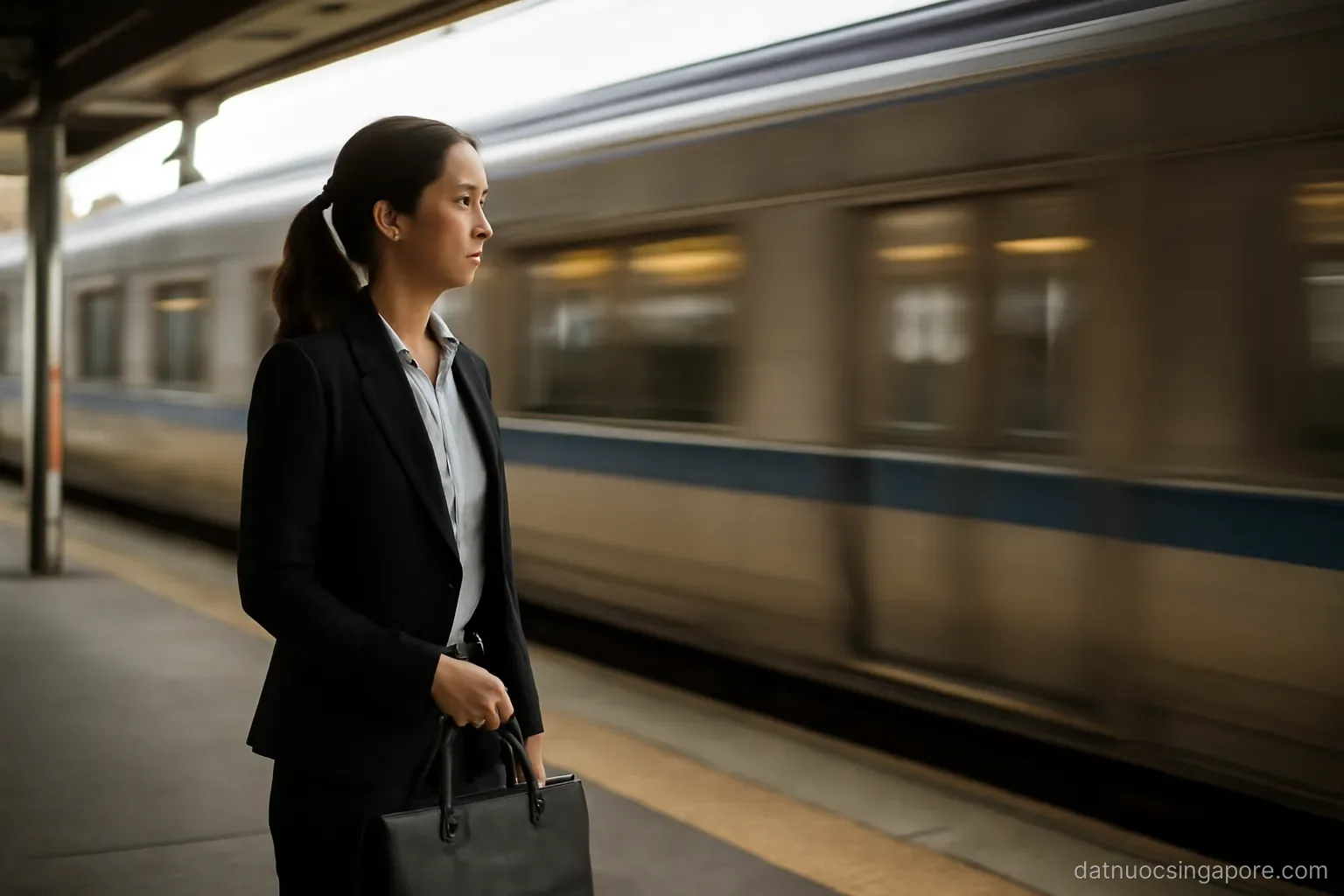 a woman in business attire waiting on a train platform with a bag, motion of a passing train