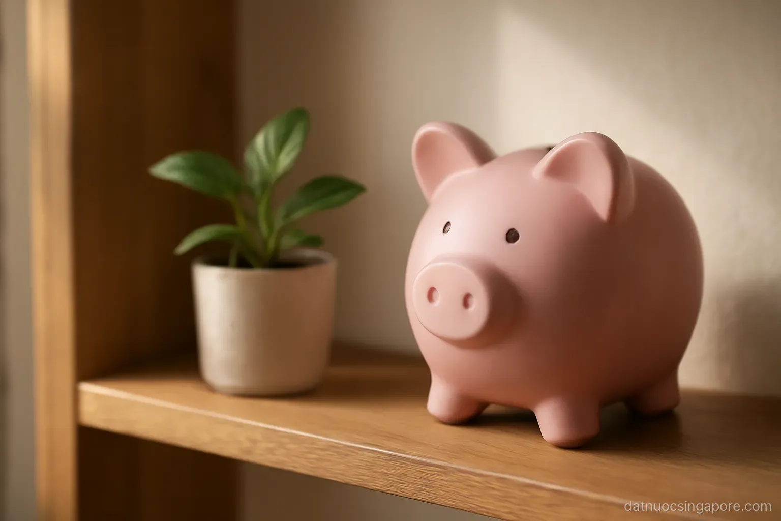 a piggy bank on a wooden shelf next to a small potted plant, soft morning light