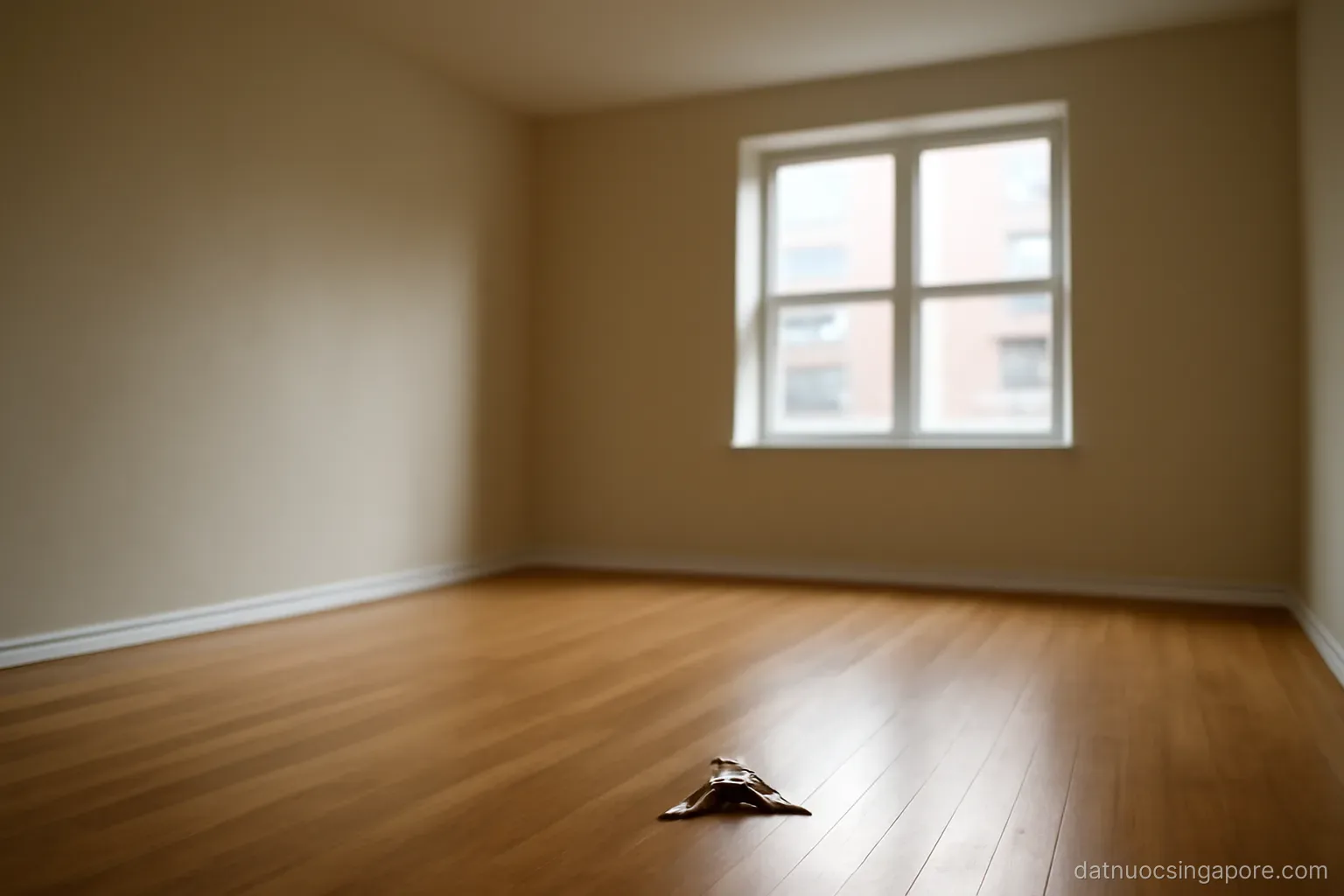 an empty rental apartment with bare walls, a window and a single set of keys on the floor