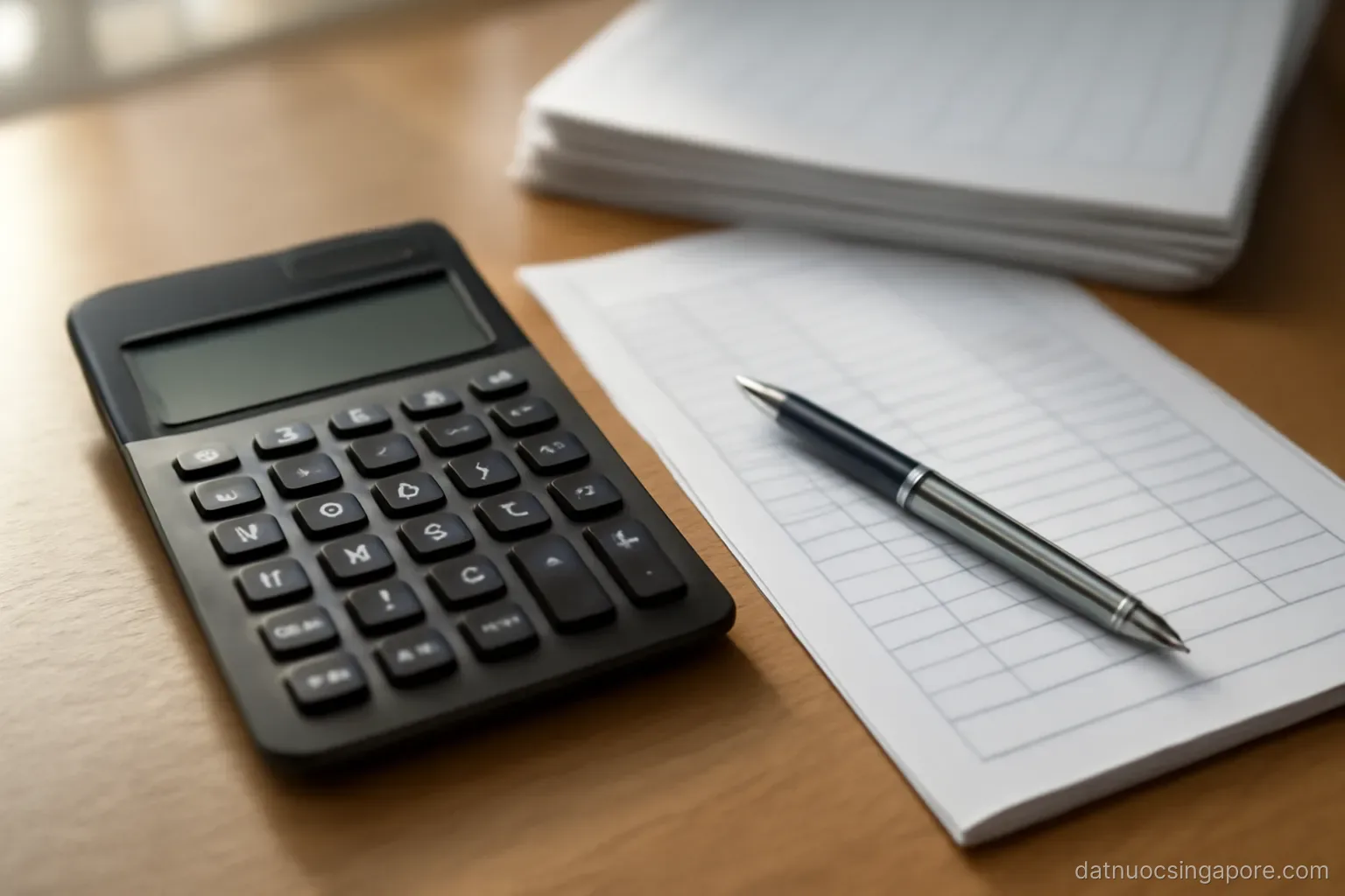 an accountant desk with a calculator, pen and blank ledger sheets, overhead daylight