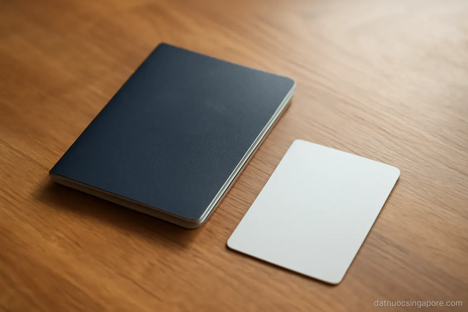 a passport and a plastic identity card lying on a wooden table, details not legible
