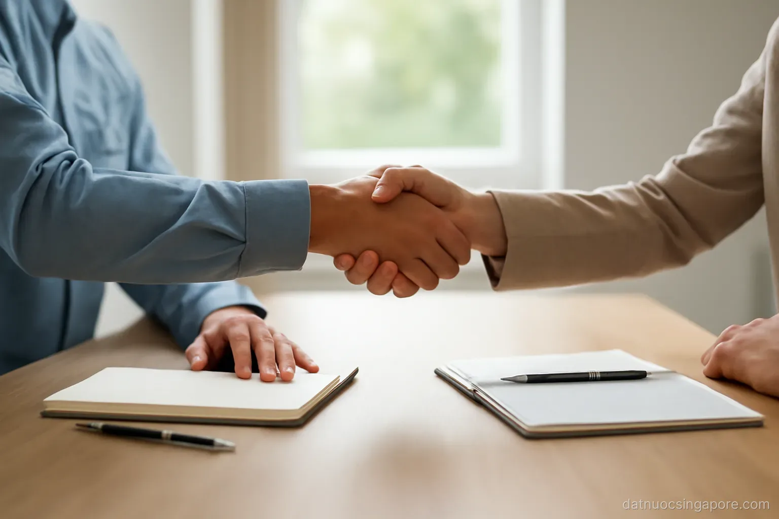 two people shaking hands across a meeting table with notebooks, seen from the side