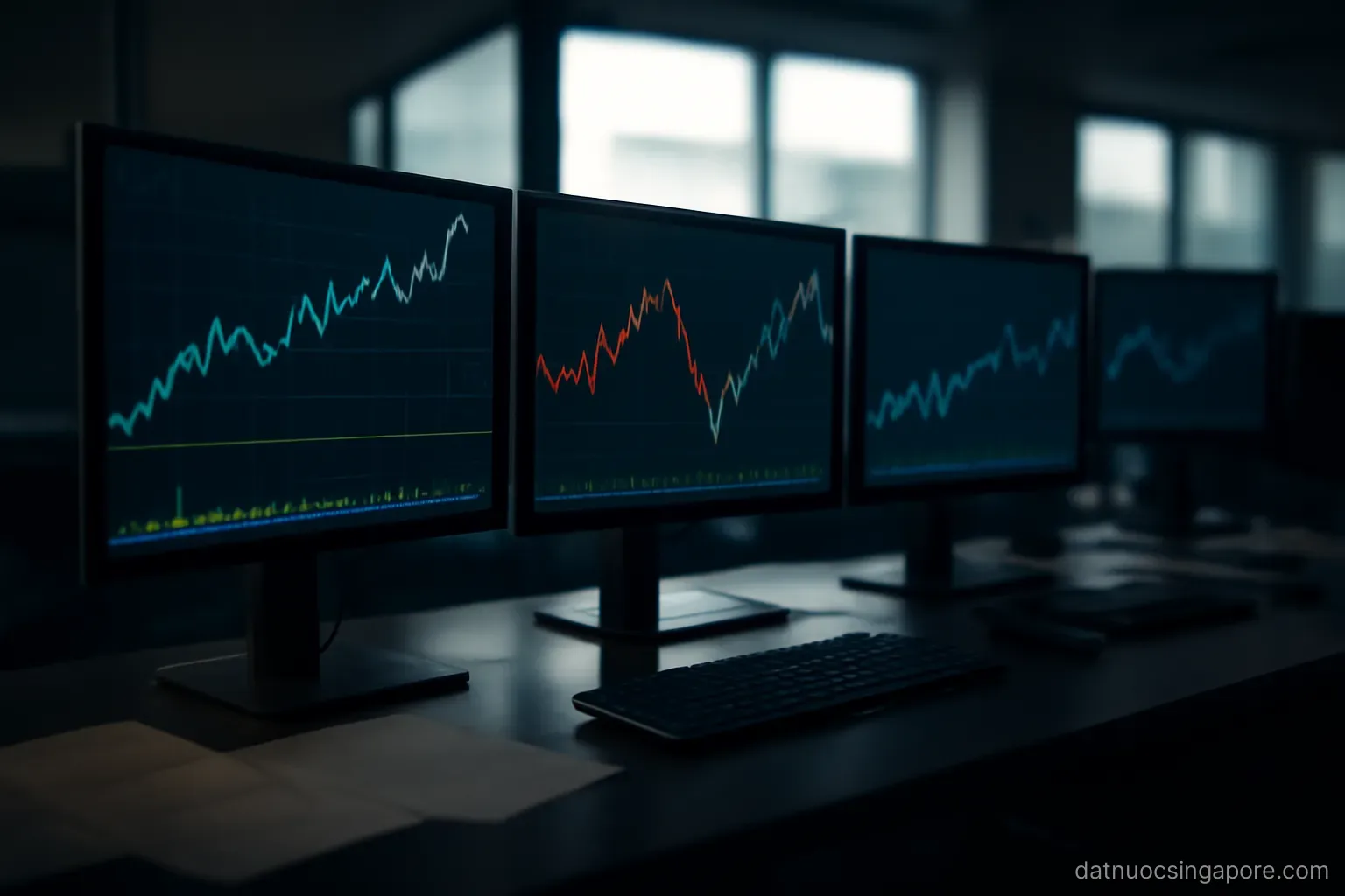 trading floor screens glowing with abstract charts in a darkened office, no readable text