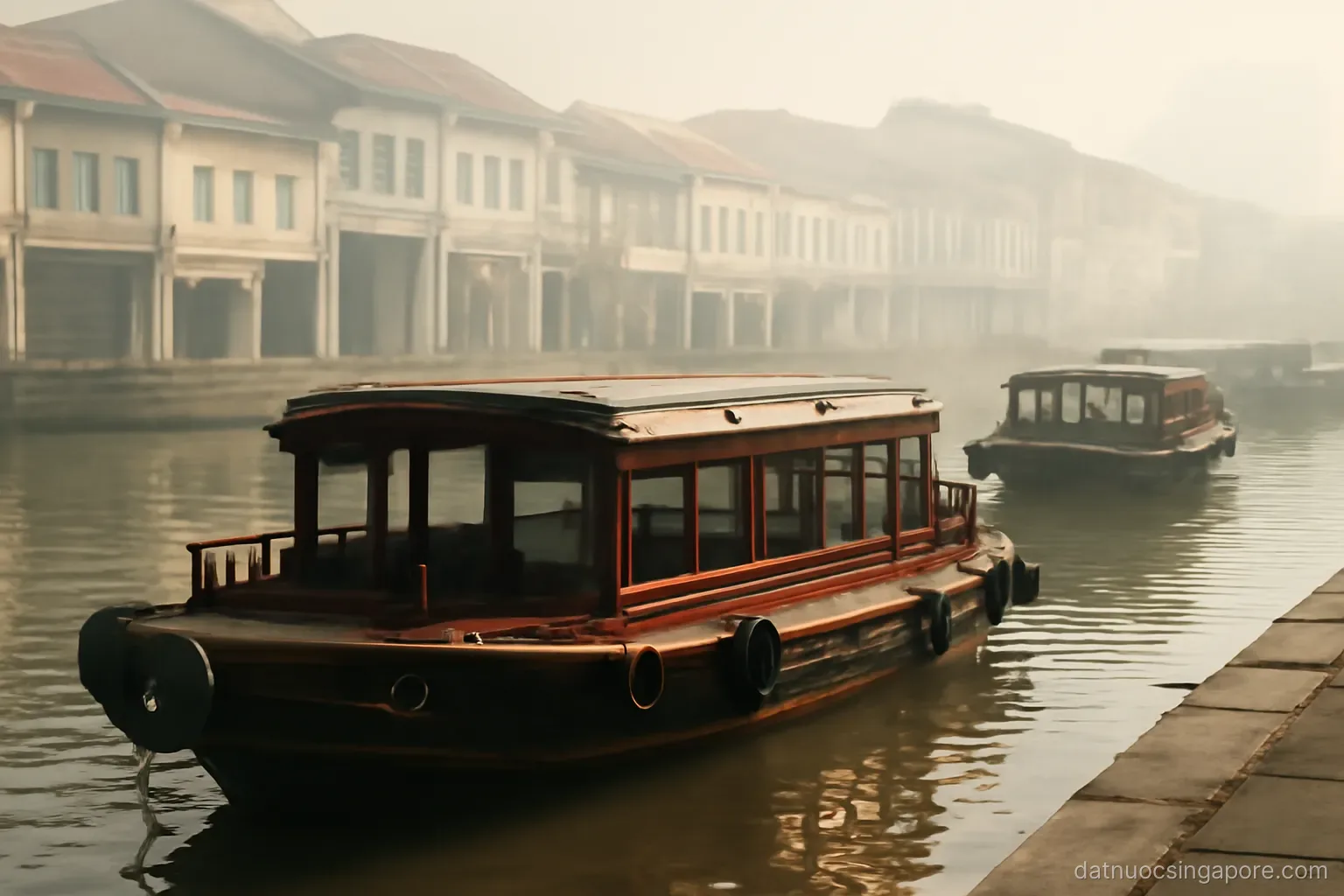 old wooden bumboats moored along a historic riverfront with shophouses behind, morning haze