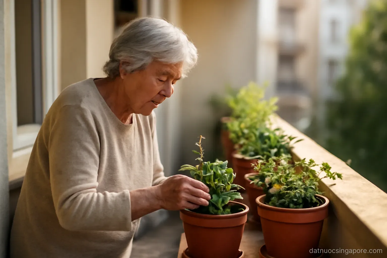 an older person tending potted plants on a corridor ledge outside an apartment, morning
