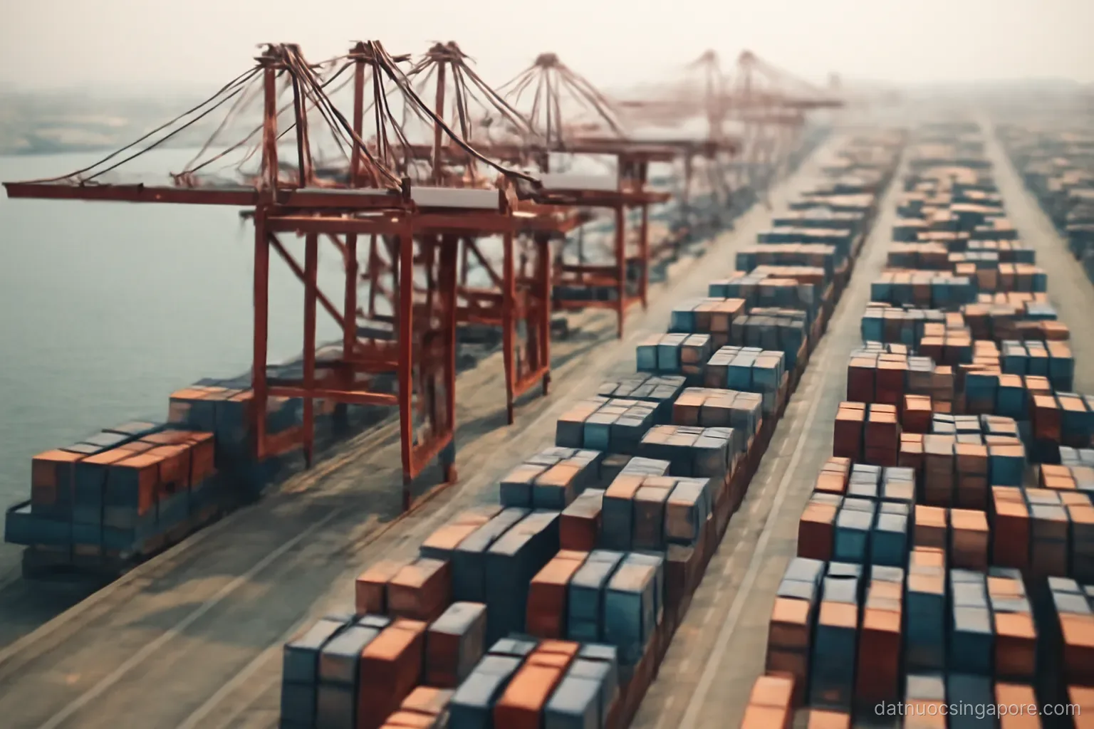 container cranes lined along a busy port terminal with stacked containers, aerial view