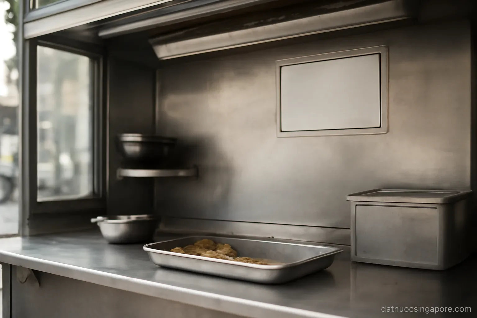 a food stall with a hygiene grade placard on the wall, stainless steel counters, no text visible